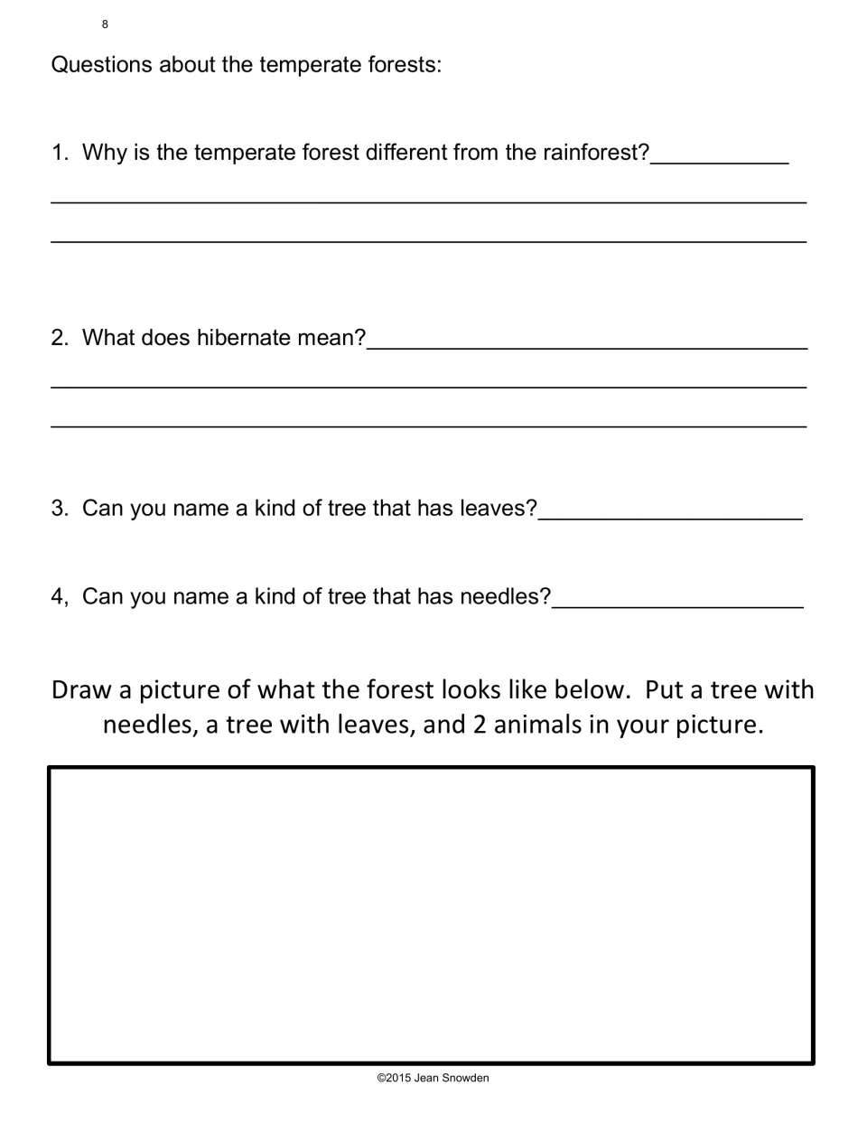 Temperate forest questions on how it differs from the rainforest, hibernation and tree types, then draw a forest scene