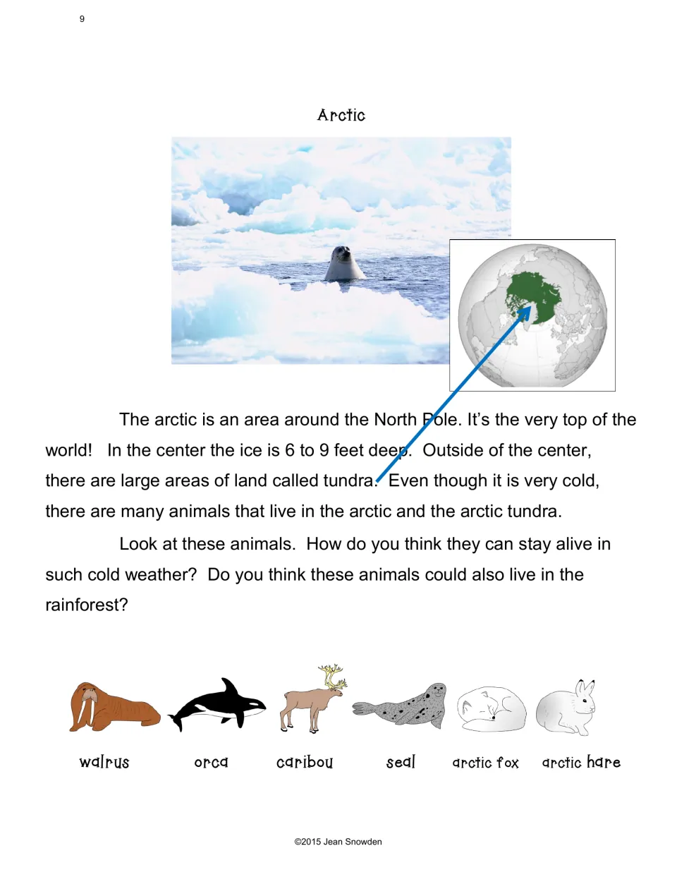 Arctic reading on the North Pole and tundra with a globe map; students consider how walrus, orca and caribou survive cold