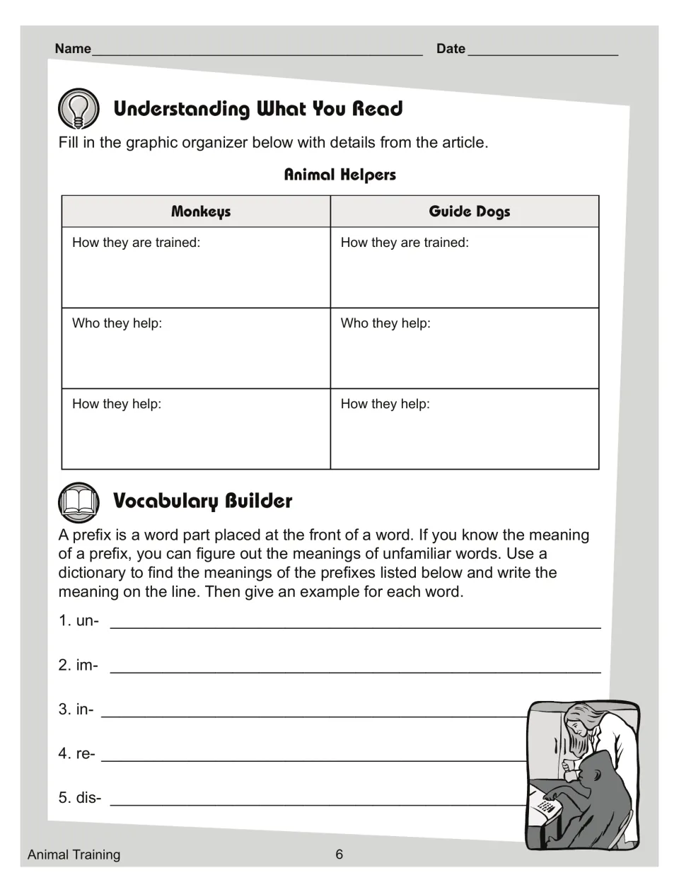 Animal Helpers organizer comparing monkeys and guide dogs, plus prefix meanings for un-, im-, in-, re- and dis-