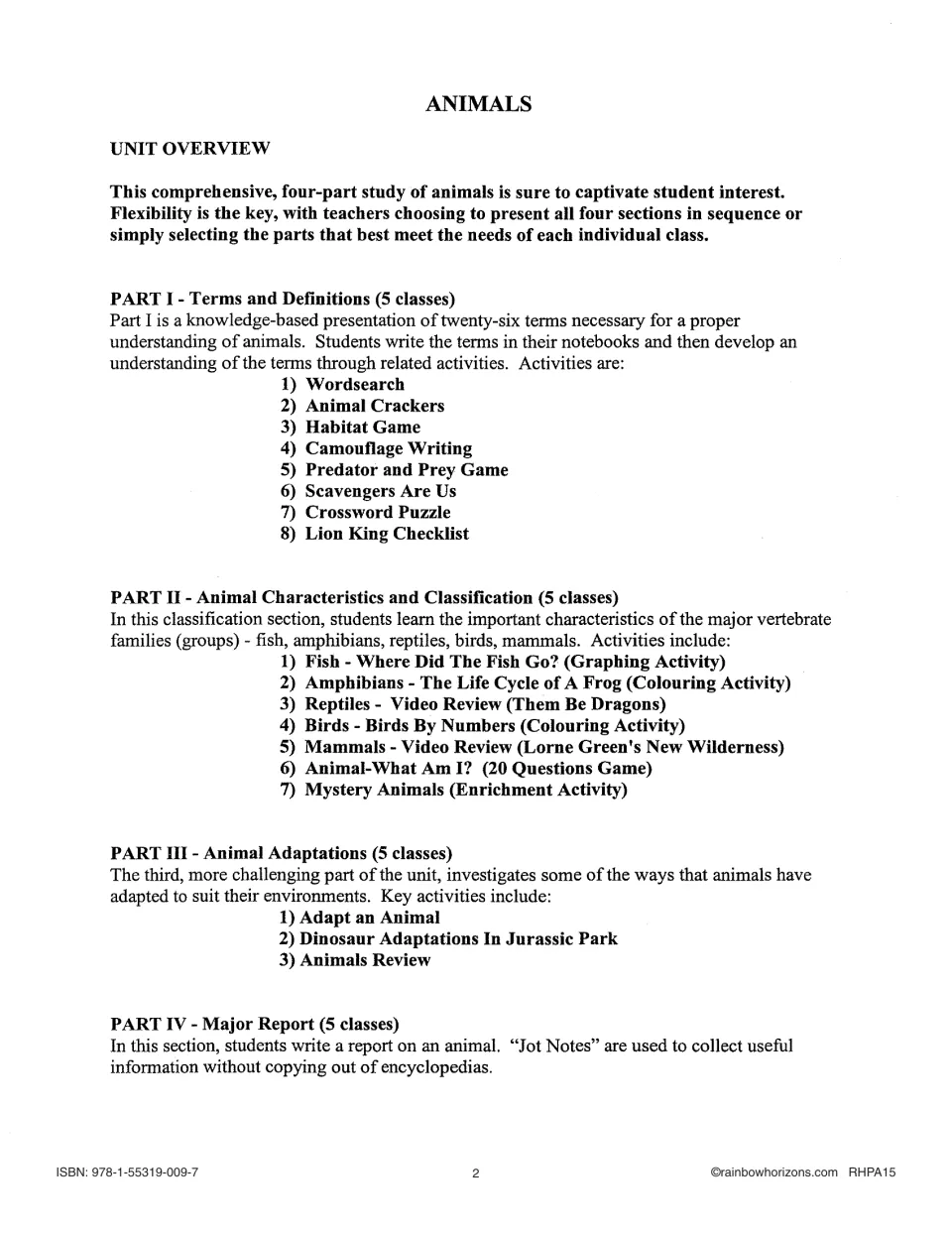 Animals unit overview listing four parts: terms, classification of vertebrates, adaptations and an animal report