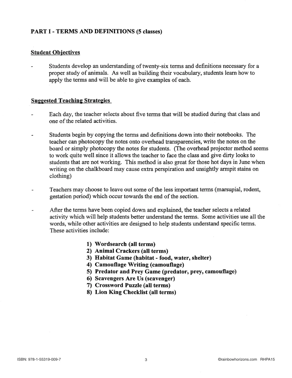 Terms and definitions lesson plan: objectives and strategies for teaching 26 animal terms, plus eight linked activities