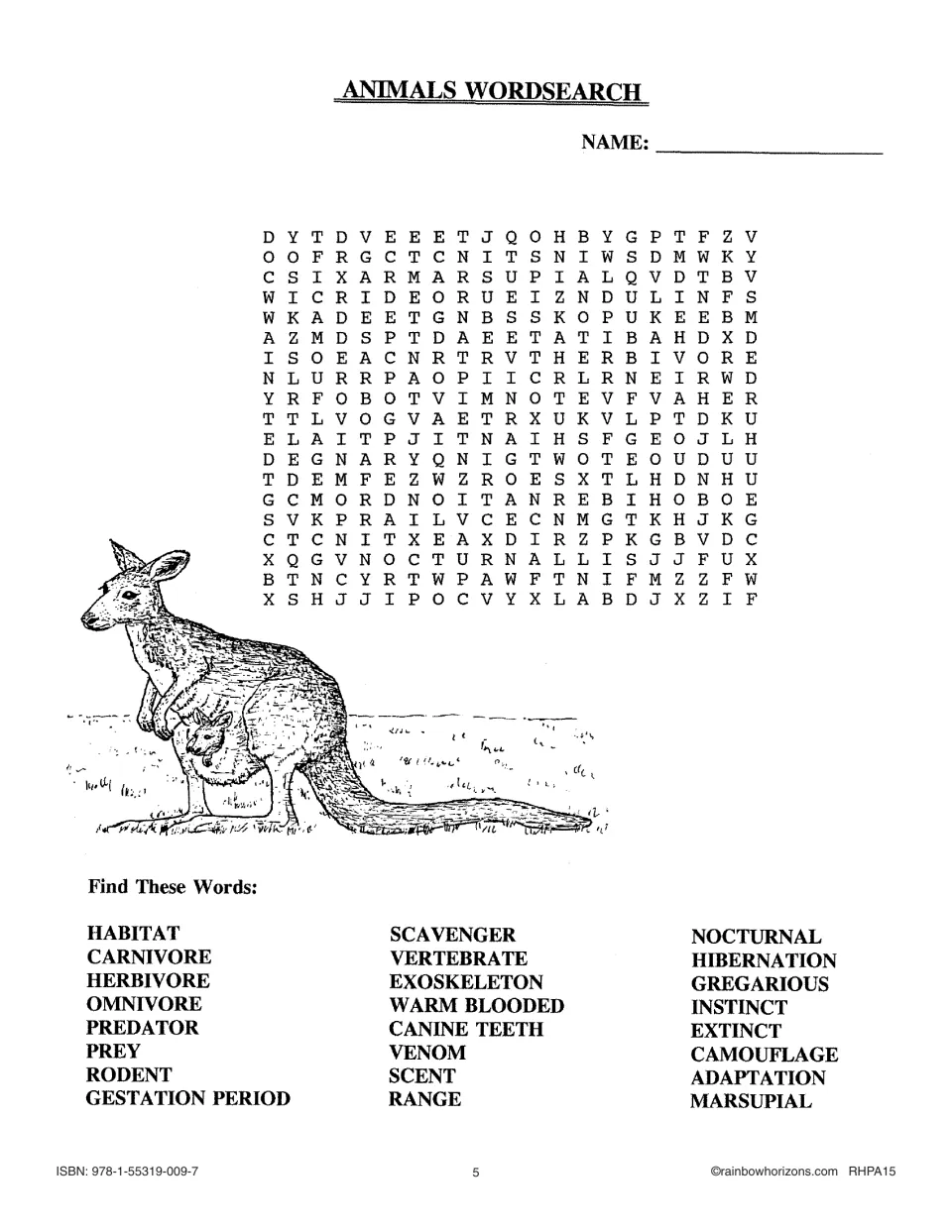 Animal vocabulary wordsearch: students find 24 terms such as habitat, predator, marsupial and camouflage; kangaroo drawing