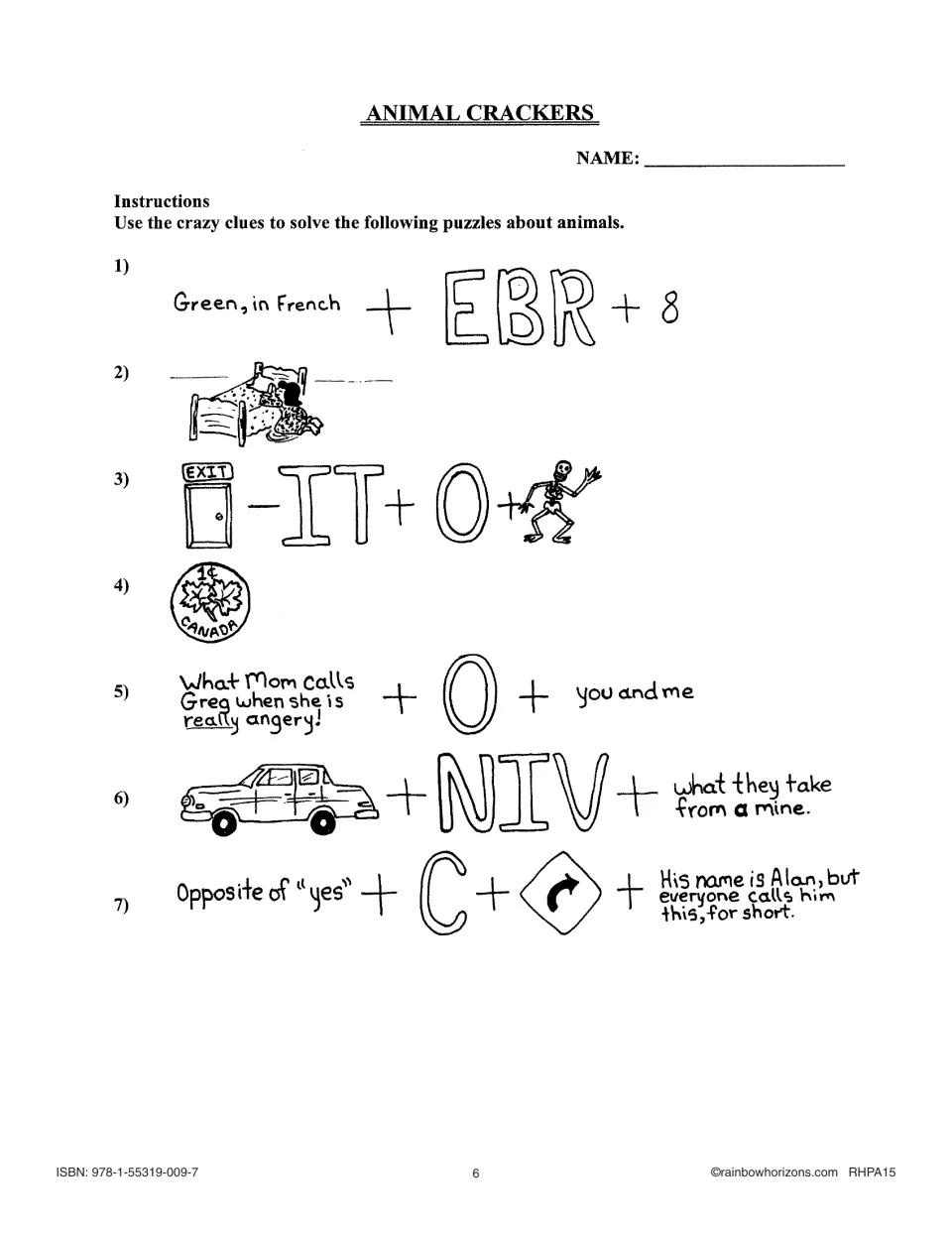 Animal Crackers rebus puzzles 1 to 7: students decode picture and word clues to spell animal vocabulary terms