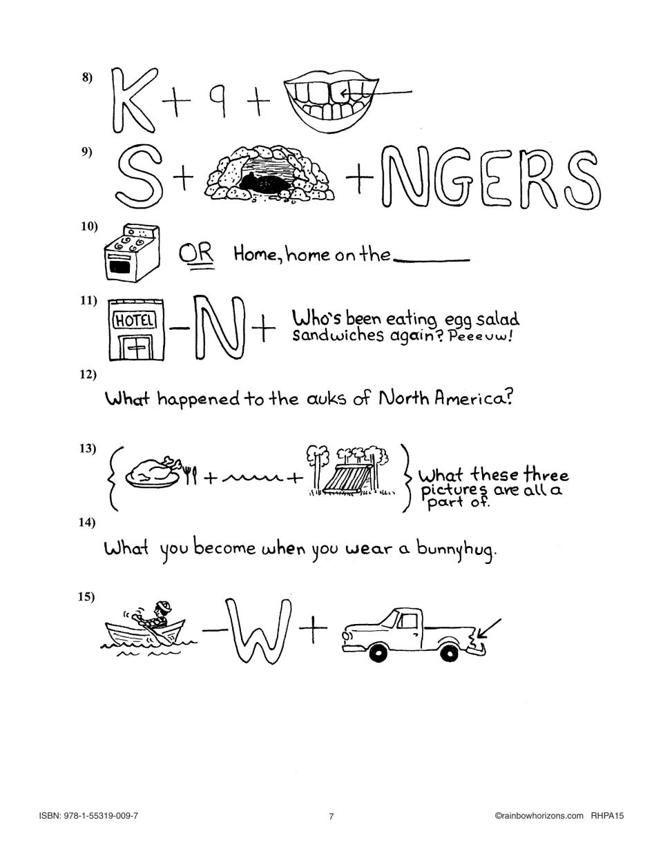 Animal Crackers rebus puzzles 8 to 15: students decode picture clues and riddles, like the fate of North America's auks