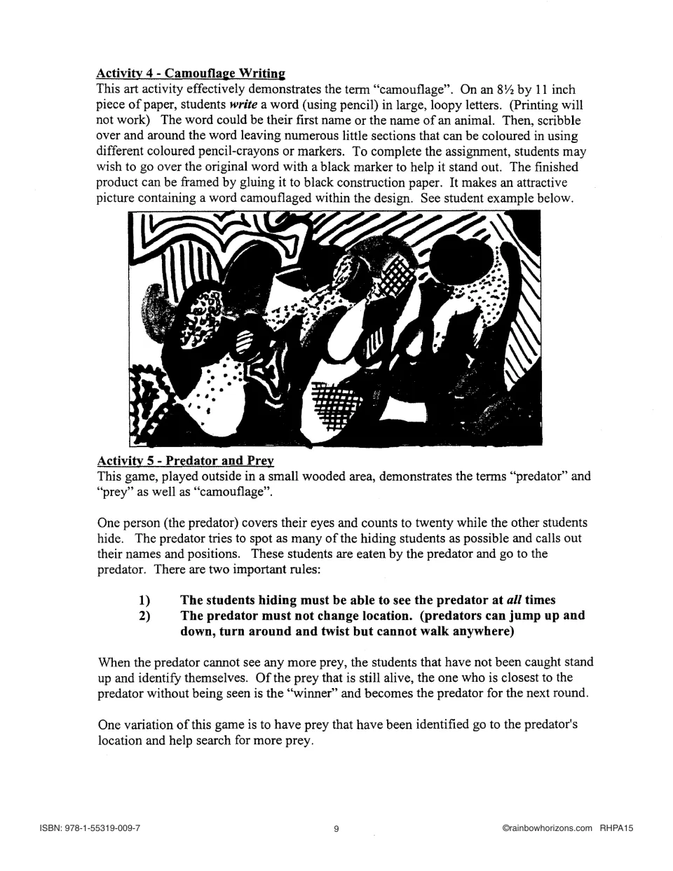 Camouflage Writing art task with a student sample hiding a word in patterns, then rules for a Predator and Prey hiding game