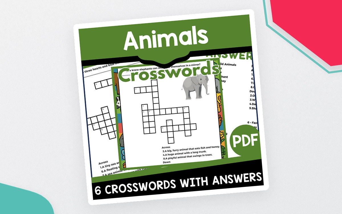 Animals Crosswords cover with six animal-themed puzzle and answer-page previews.
