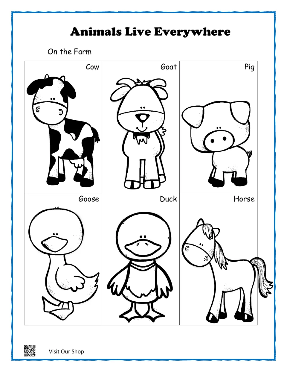 On the Farm match mat: students match picture cards to labeled outlines of a cow, goat, pig, goose, duck and horse