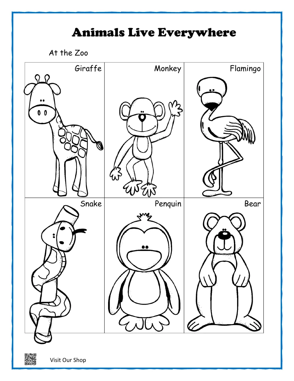 At the Zoo match mat: labeled outlines of a giraffe, monkey, flamingo, snake, penguin and bear for matching picture cards