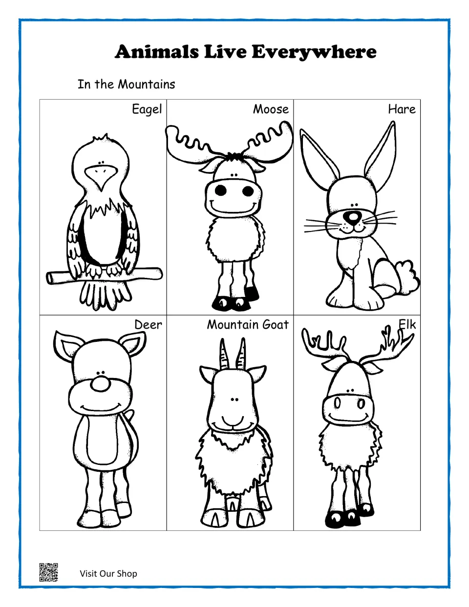 In the Mountains match mat: students match cards to outlines labeled eagle, moose, hare, deer, mountain goat and elk