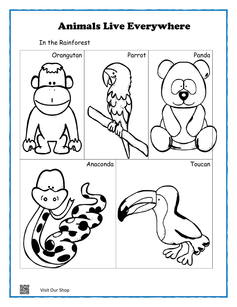 In the Rainforest match mat: five labeled outlines of an orangutan, parrot, panda, anaconda and toucan to match with cards