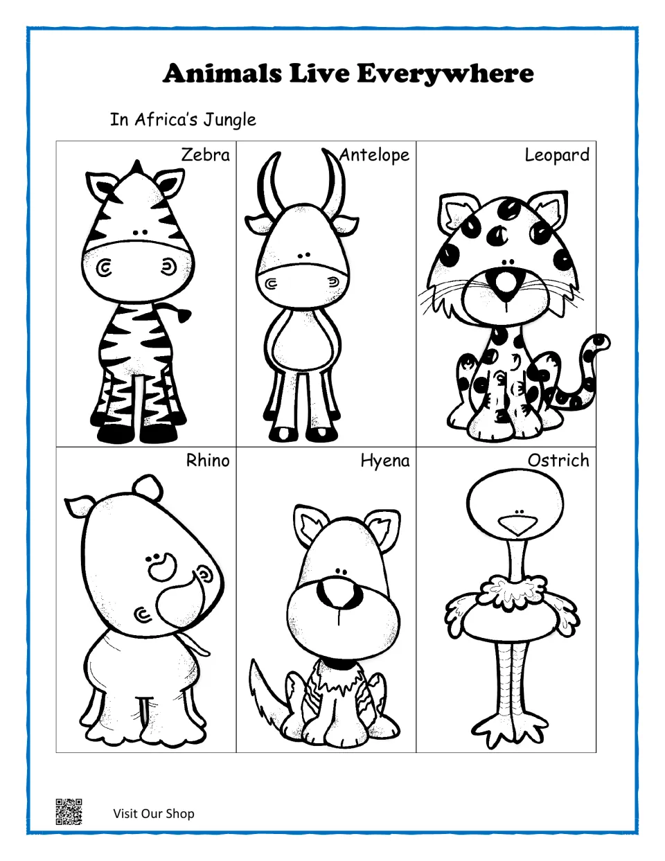 In Africa's Jungle match mat: students match cards to outlines of a zebra, antelope, leopard, rhino, hyena and ostrich