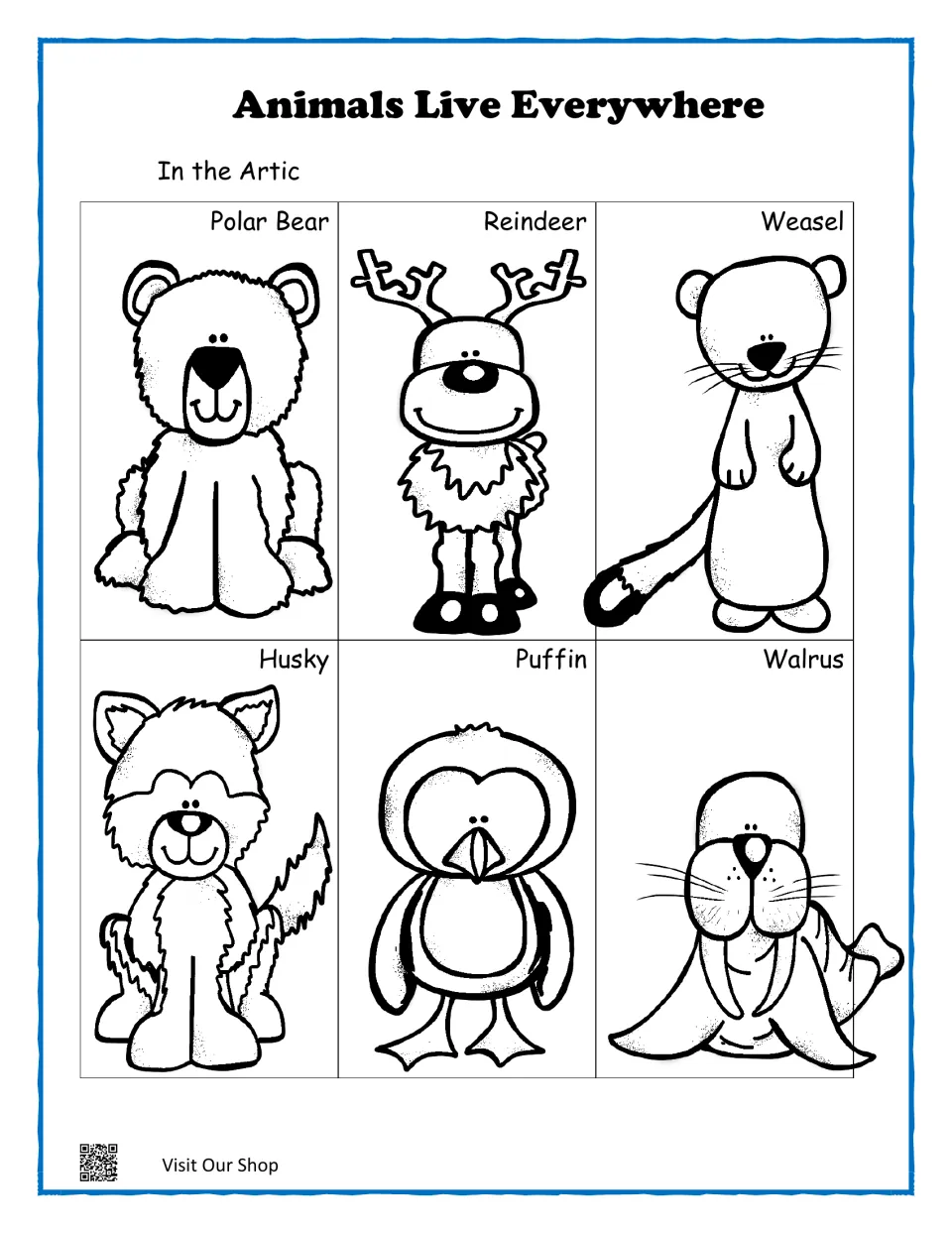 Arctic match mat: labeled outlines of a polar bear, reindeer, weasel, husky, puffin and walrus for matching picture cards