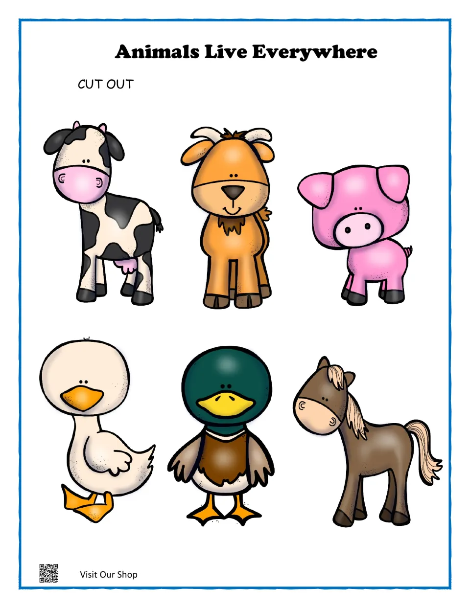 Farm animal cut-outs: color pictures of a cow, goat, pig, goose, duck and horse to cut out and place on the farm mat