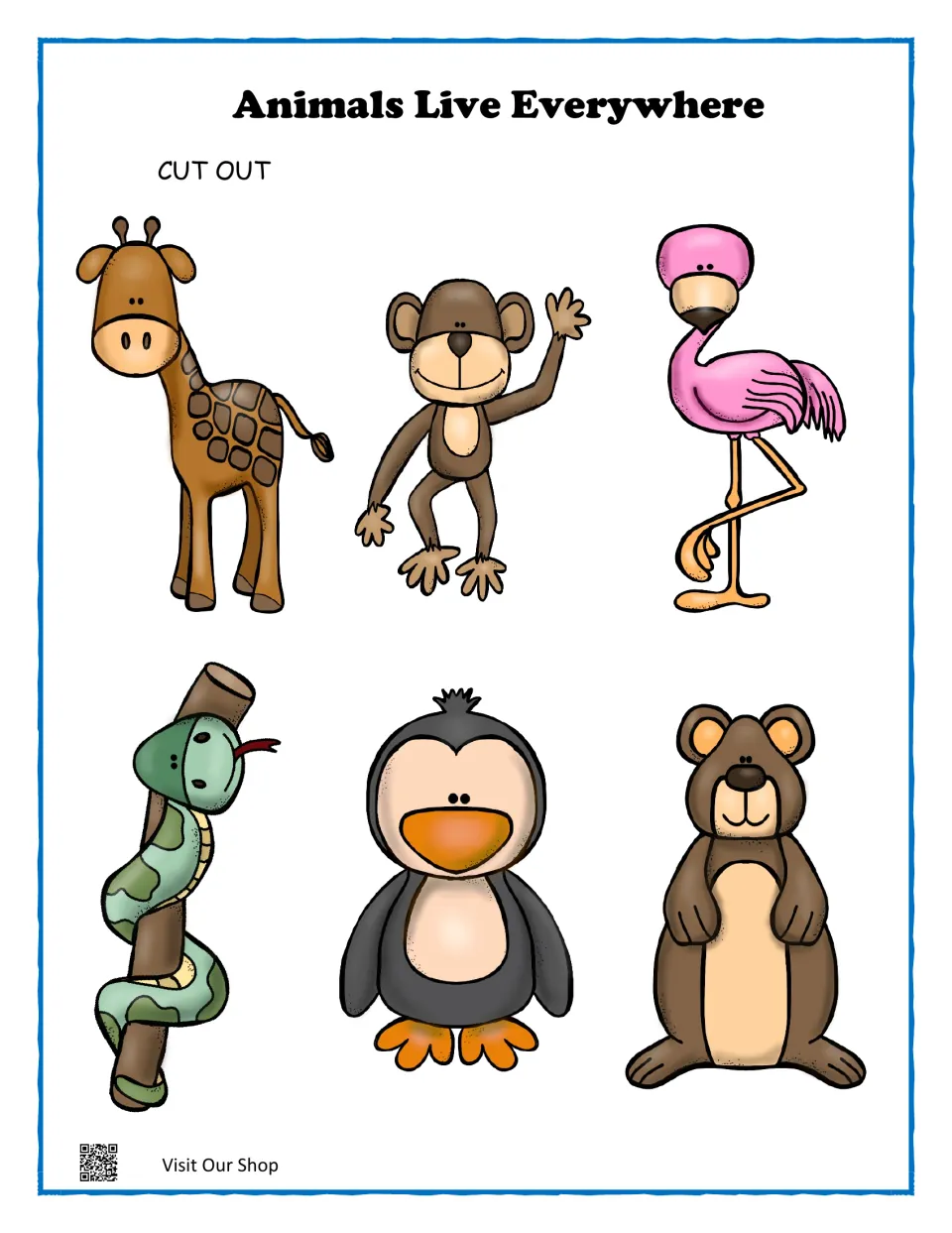 Zoo animal cut-outs: color giraffe, monkey, flamingo, snake, penguin and bear pictures to match to the zoo outlines
