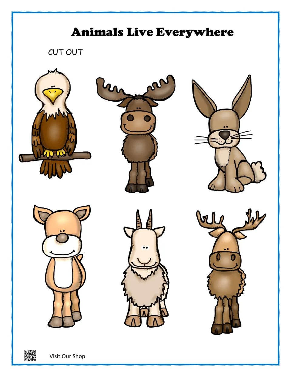 Mountain animal cut-outs: color eagle, moose, hare, deer, mountain goat and elk pictures to match to the mountain mat