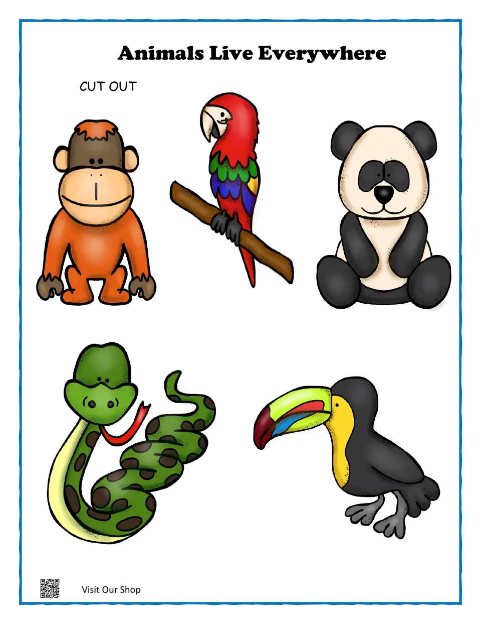 Rainforest animal cut-outs: color orangutan, parrot, panda, anaconda and toucan pictures to place on the rainforest mat