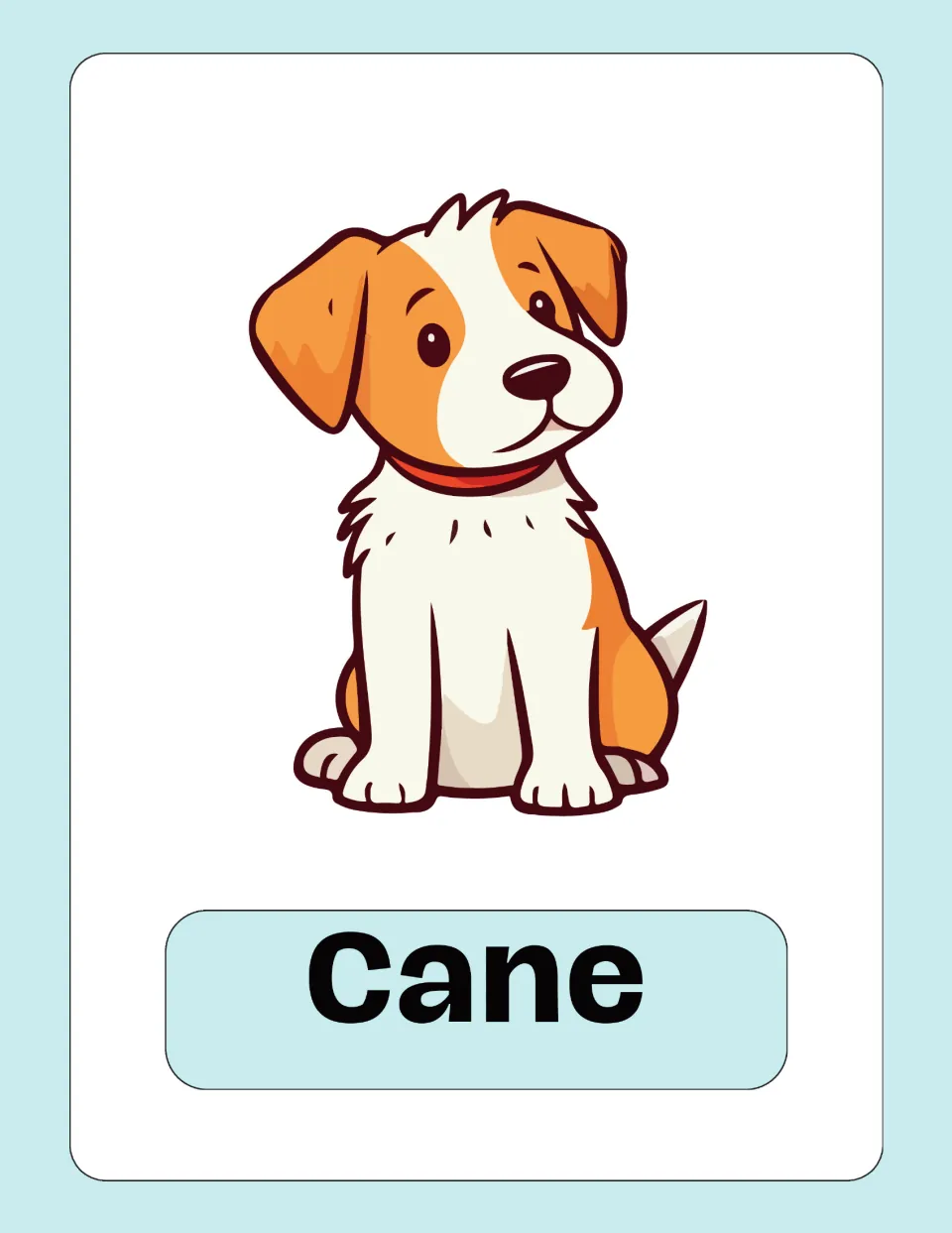 Italian animal vocabulary flashcard featuring an illustrated dog and the label 'Cane' (dog) beneath it