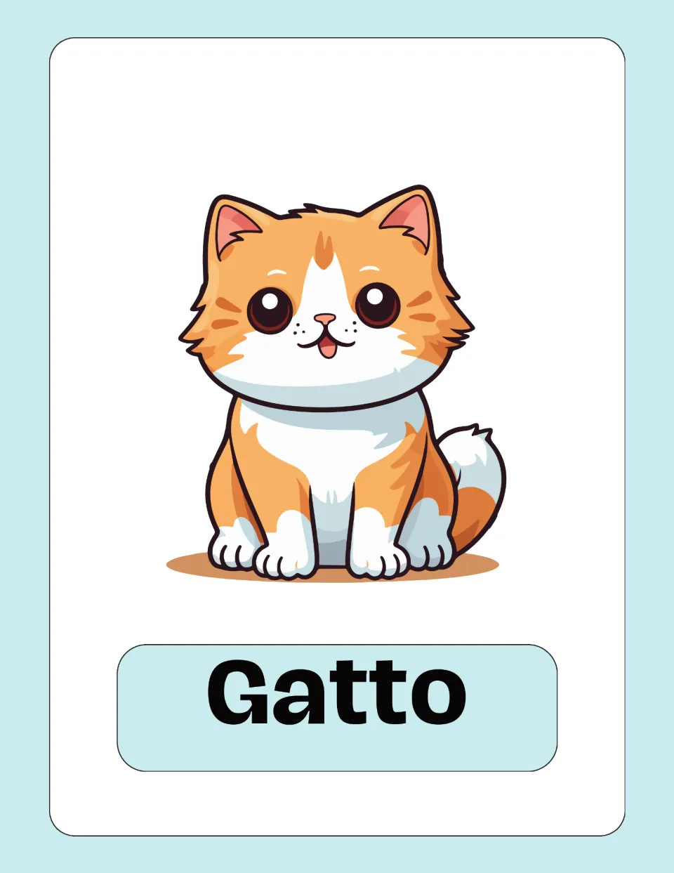 Italian animal vocabulary flashcard featuring an illustrated cat and the label 'Gatto' (cat) beneath it
