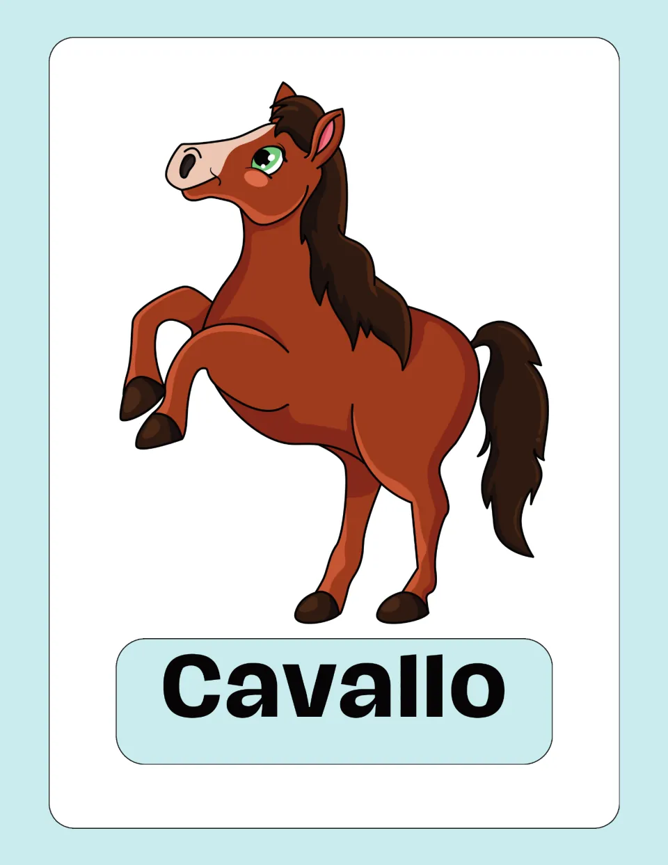 Italian animal vocabulary flashcard featuring an illustrated horse and the label 'Cavallo' (horse)