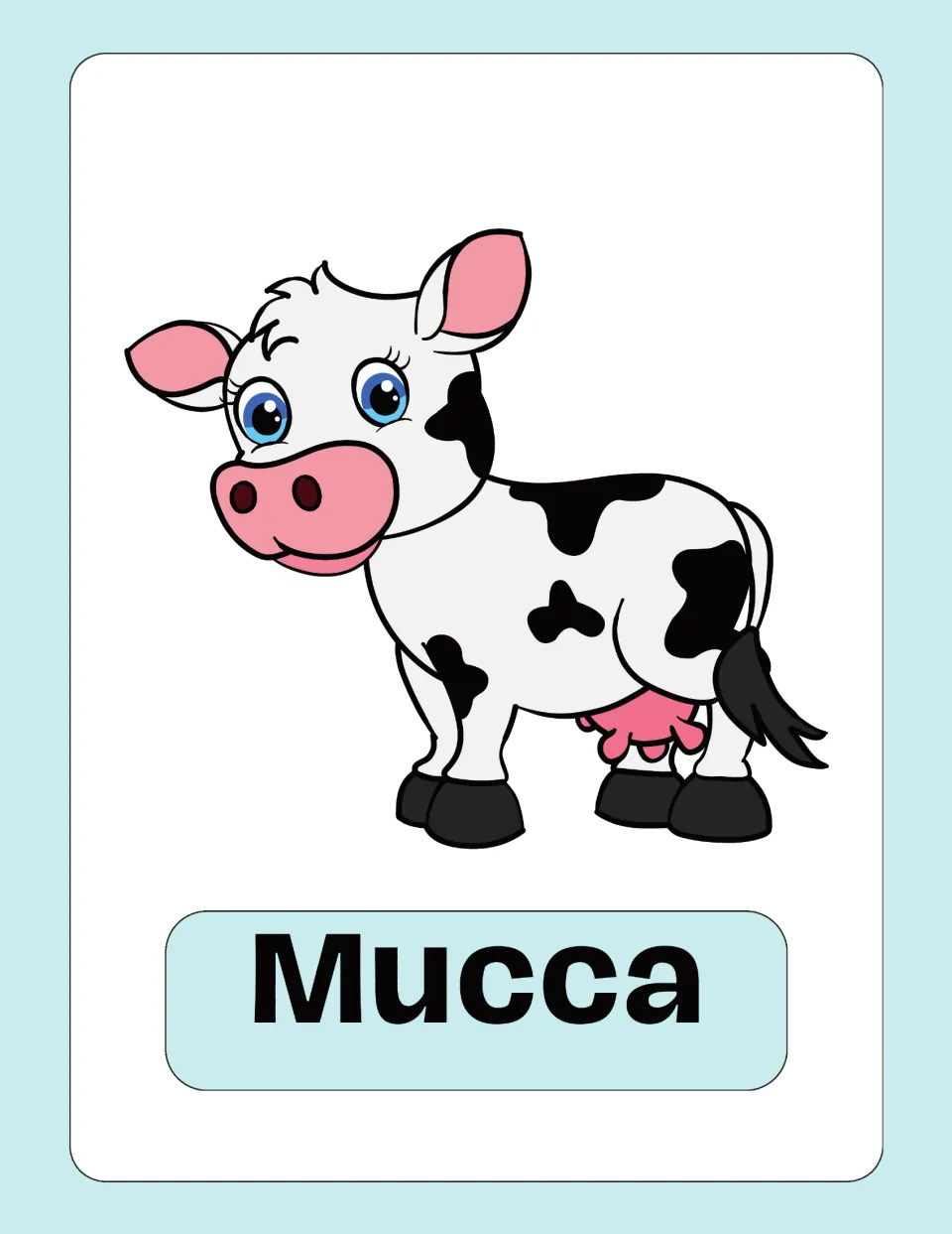 Italian animal vocabulary flashcard featuring an illustrated cow and the label 'Mucca' (cow) beneath it