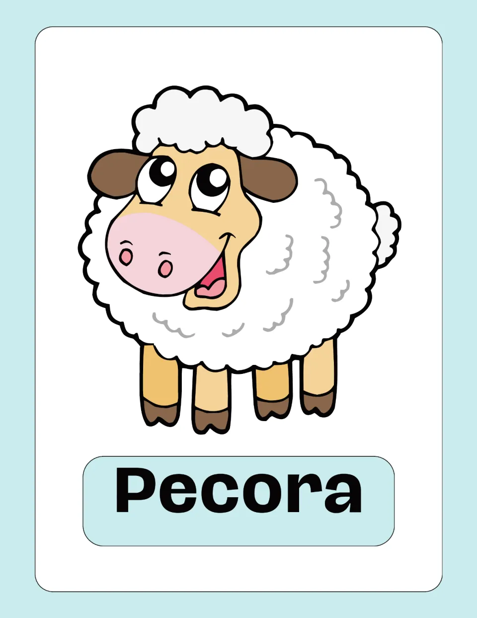 Italian animal vocabulary flashcard featuring an illustrated sheep and the label 'Pecora' (sheep)