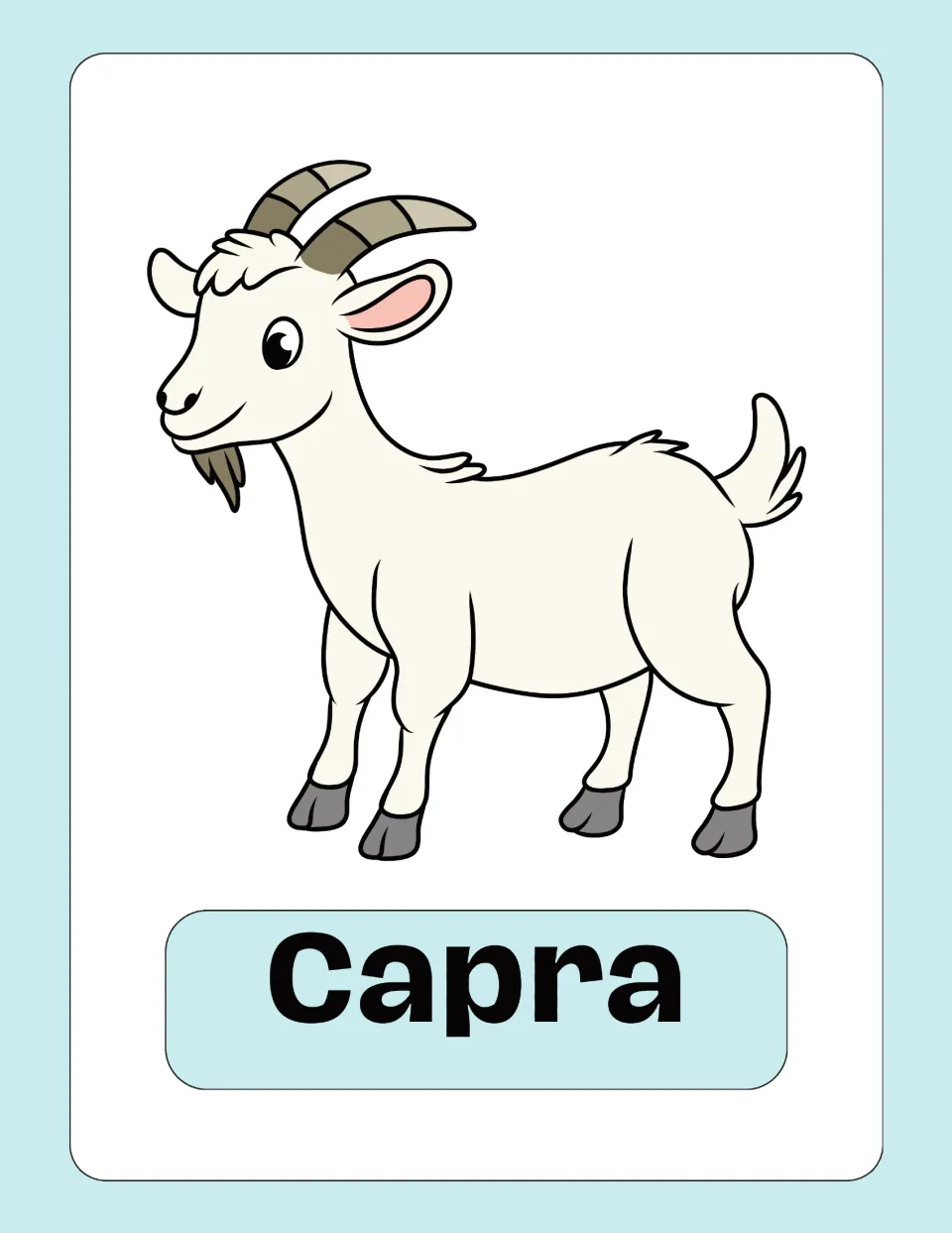 Italian animal vocabulary flashcard featuring an illustrated goat and the label 'Capra' (goat) beneath it