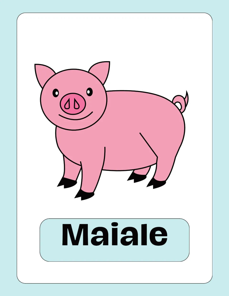 Italian animal vocabulary flashcard featuring an illustrated pig and the label 'Maiale' (pig) beneath it