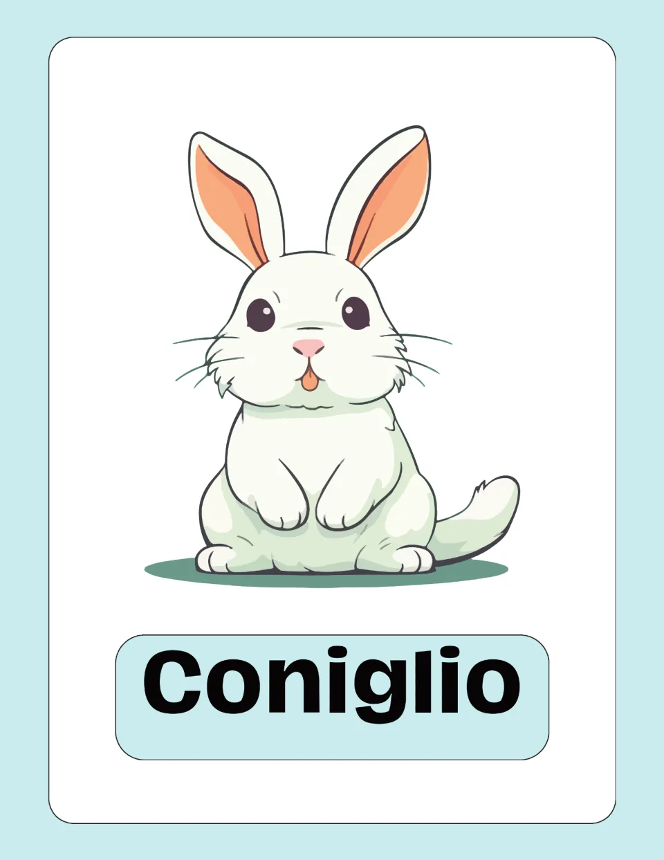Italian animal vocabulary flashcard featuring an illustrated rabbit and the label 'Coniglio' (rabbit)
