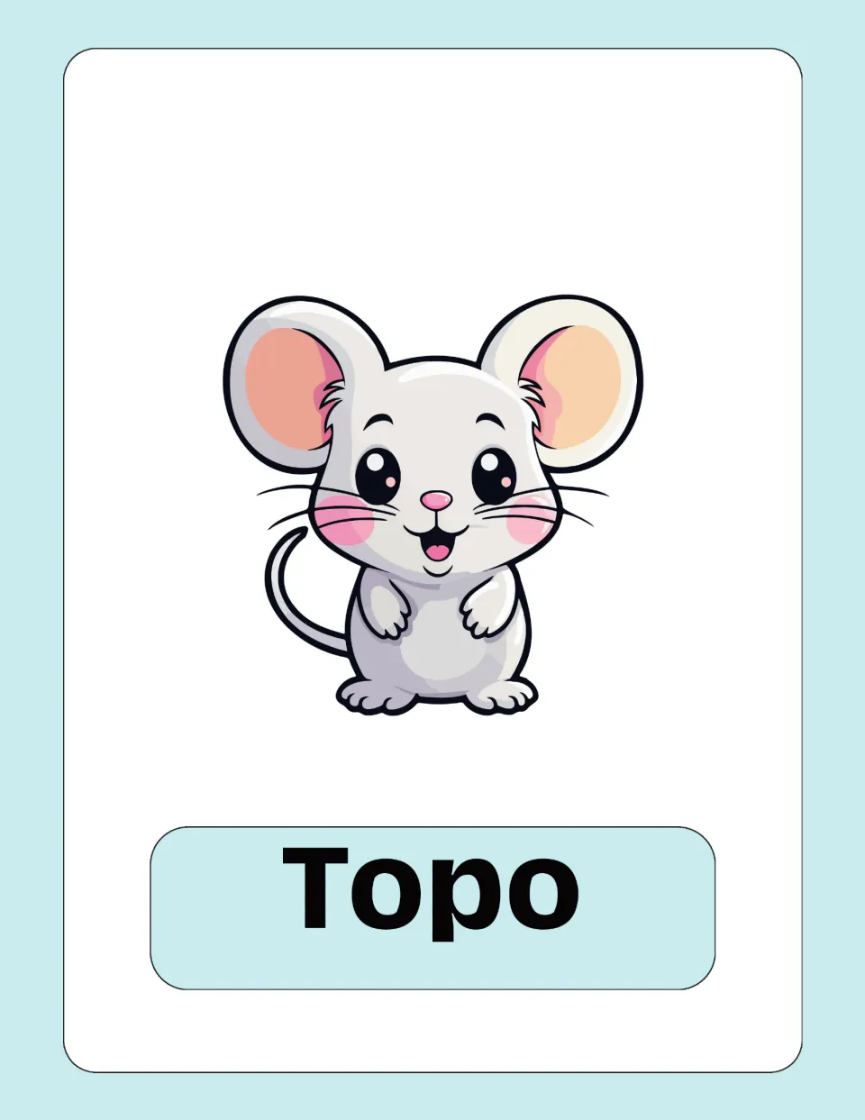 Italian animal vocabulary flashcard featuring an illustrated mouse and the label 'Topo' (mouse)