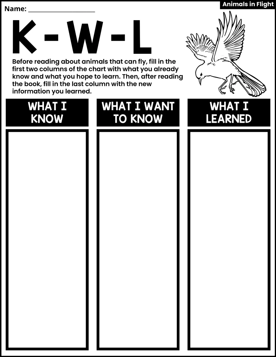 KWL activity asks what students know and want to know about flying animals, then what they learned.