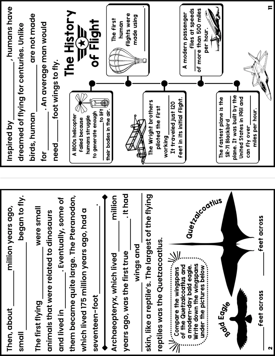Student notes booklet pages 2 and 11 cover prehistoric flyers, wingspan comparisons, and human flight history.