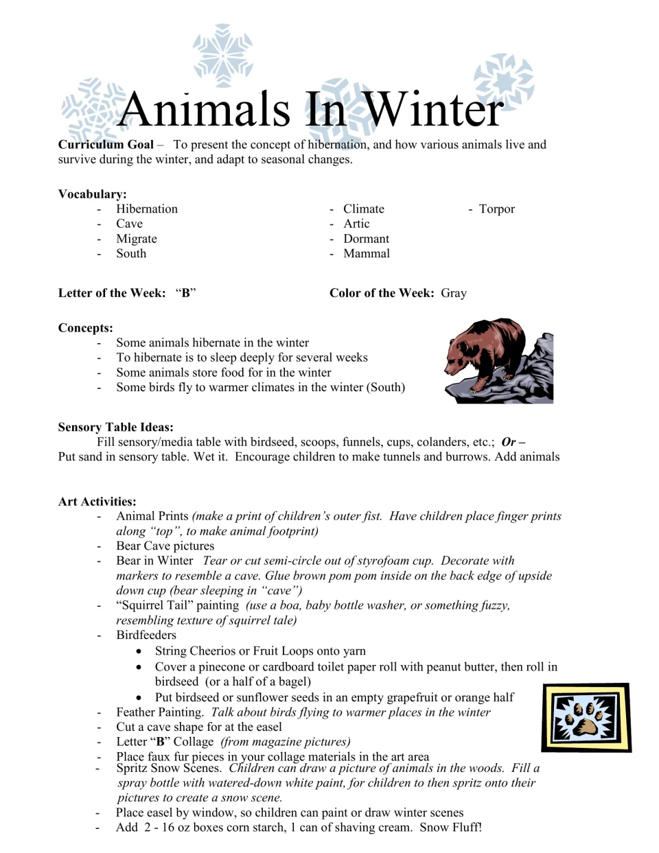 Hibernation unit plan: goal, vocabulary, letter B, color gray, sensory table ideas, bear cave and birdfeeder art