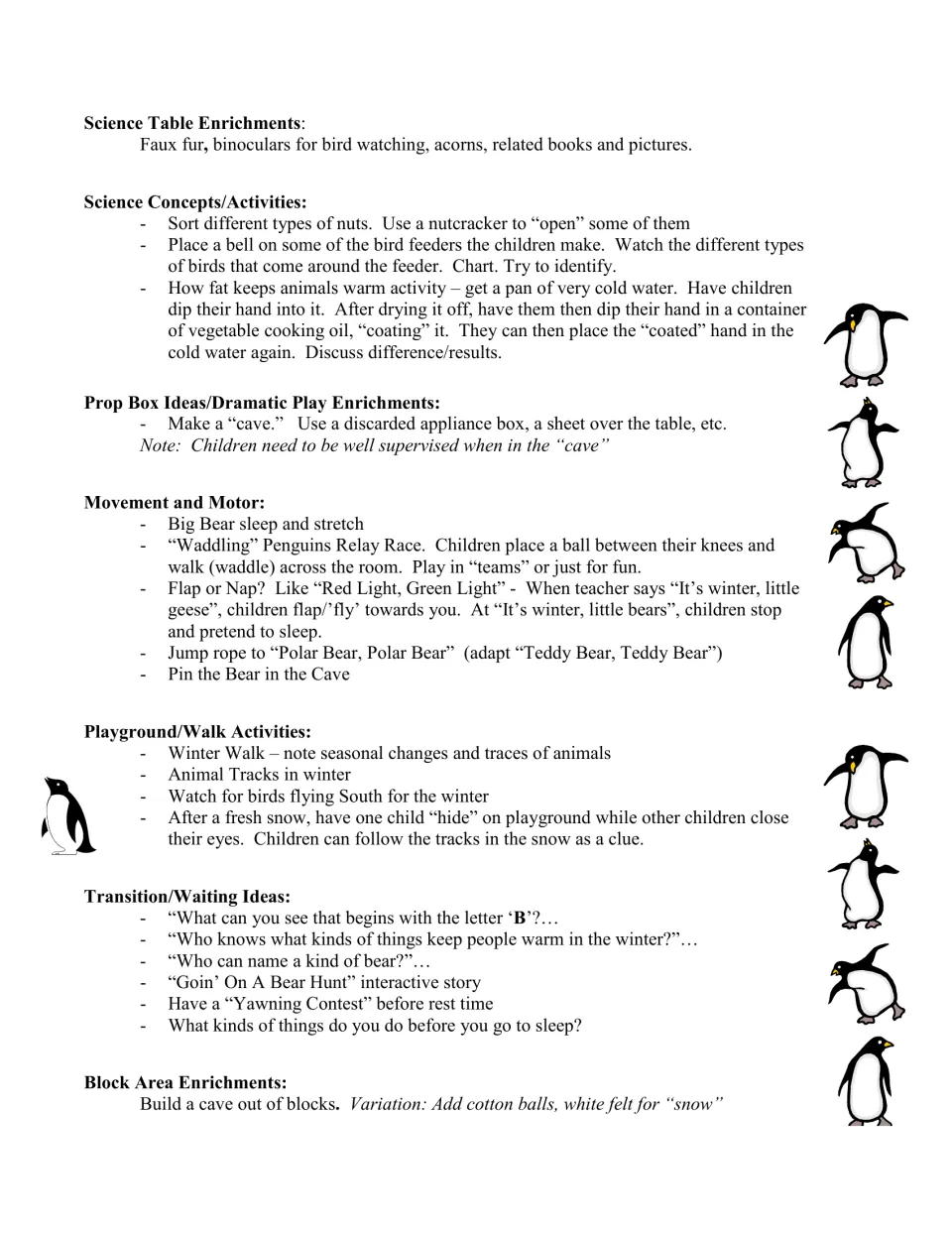 Winter science and movement ideas: fat-keeps-animals-warm oil experiment, penguin waddle relay, Flap or Nap game