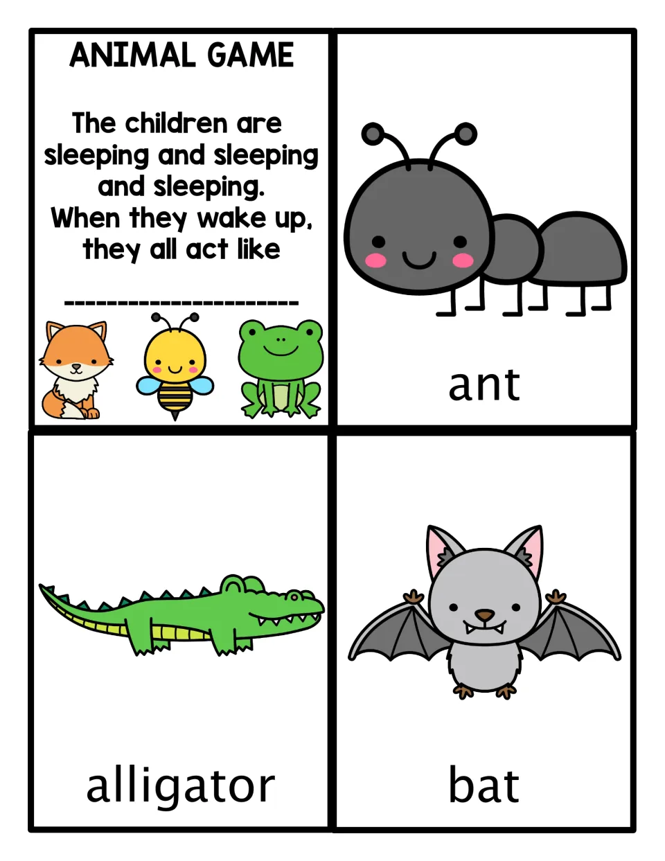 Animal Game poem card, 'When they wake up, they all act like ___', plus picture cards for ant, alligator and bat