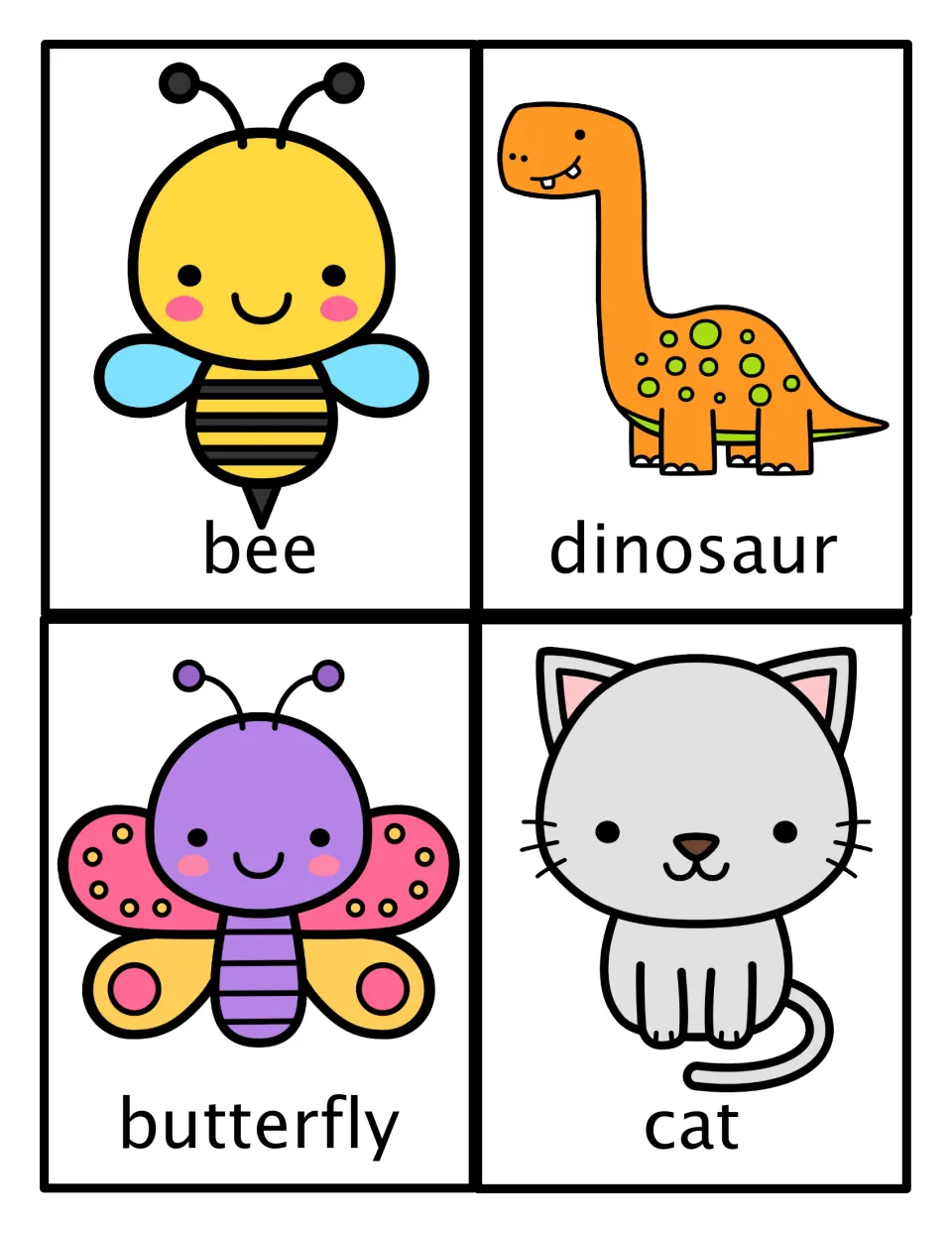 Animal movement picture cards: bee, dinosaur, butterfly and cat, each with a cartoon drawing and its name to act out
