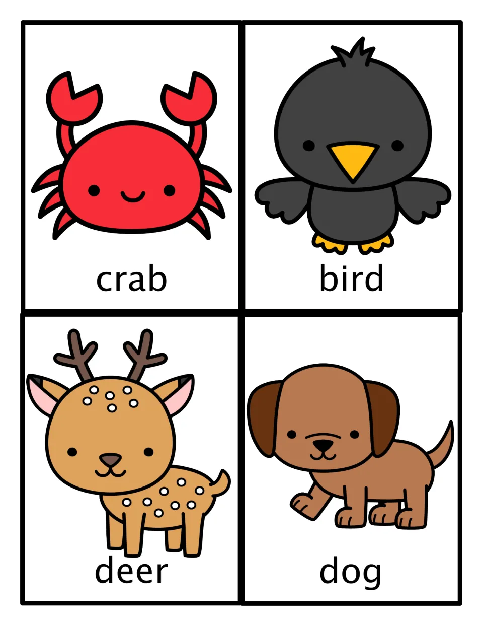 Animal movement picture cards: crab, bird, deer and dog, each a labeled cartoon for students to imitate on cue