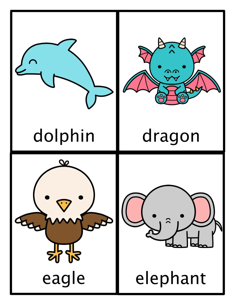 Animal movement picture cards: dolphin, dragon, eagle and elephant, each a labeled cartoon drawing to act out