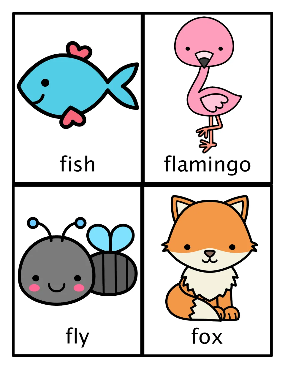 Animal movement picture cards: fish, flamingo, fly and fox, each showing a cartoon animal and its name to imitate