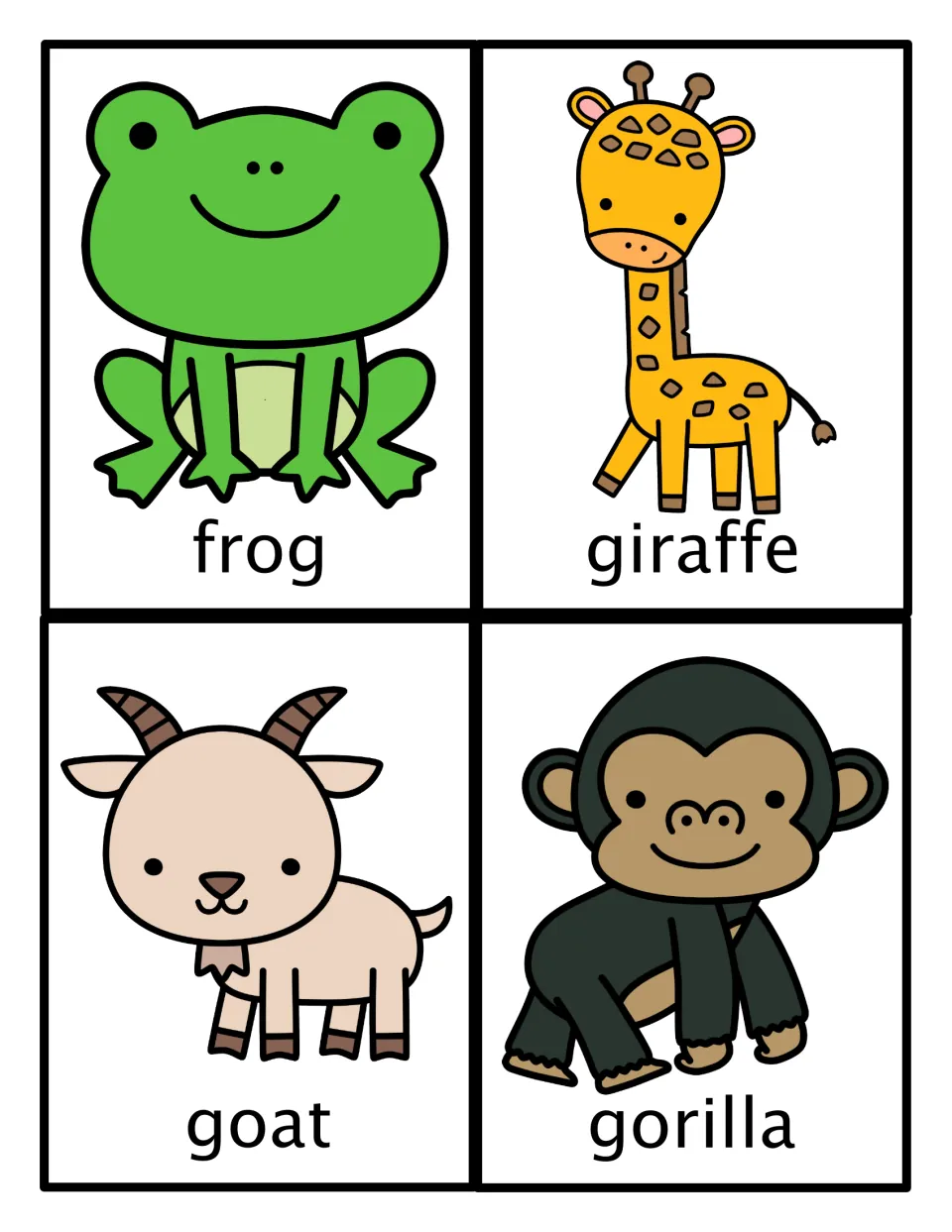 Animal movement picture cards: frog, giraffe, goat and gorilla, each a labeled cartoon for students to act like