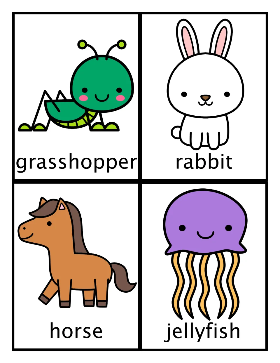 Animal movement picture cards: grasshopper, rabbit, horse and jellyfish, each a cartoon with its name to imitate