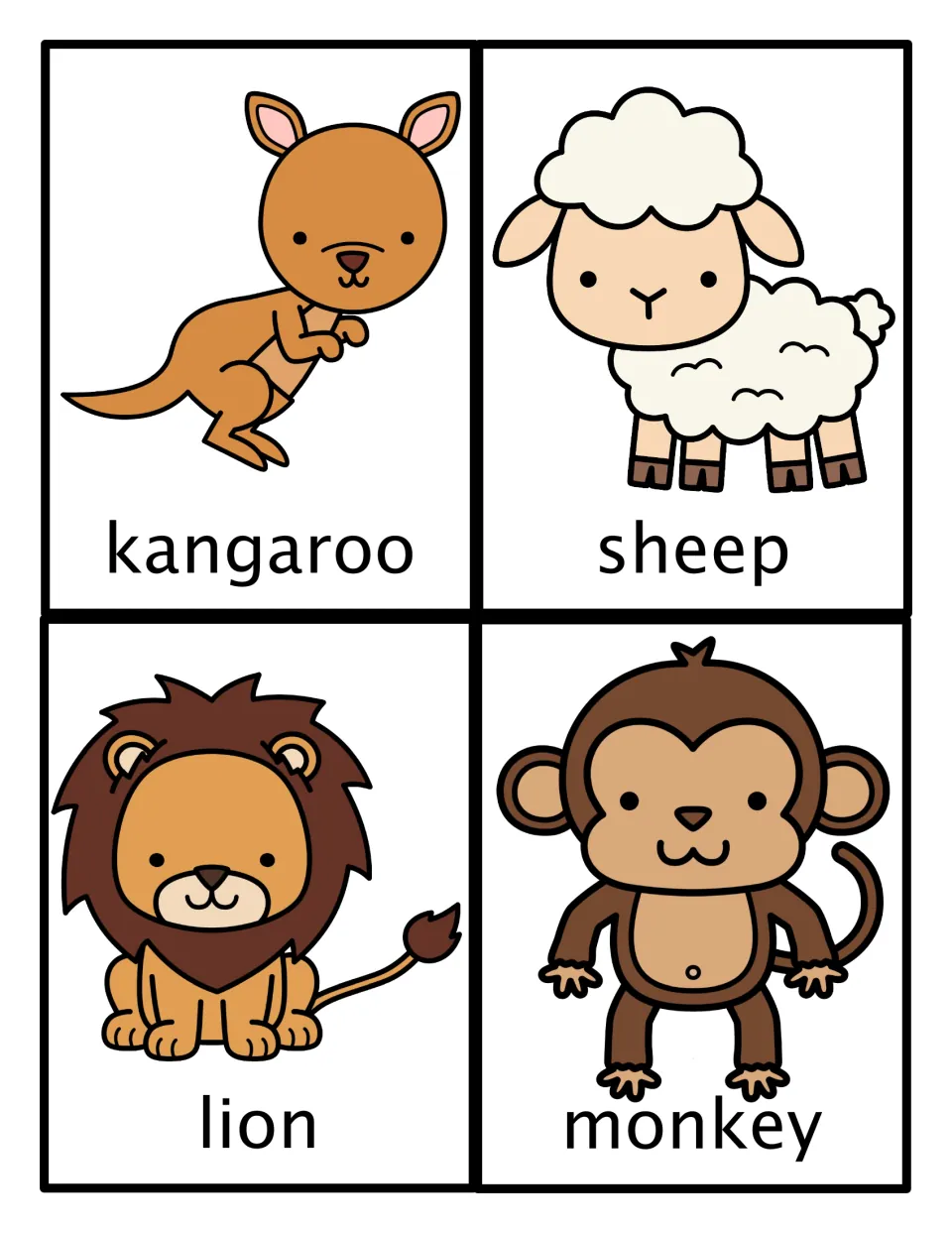 Animal movement picture cards: kangaroo, sheep, lion and monkey, each showing a labeled cartoon animal to act out