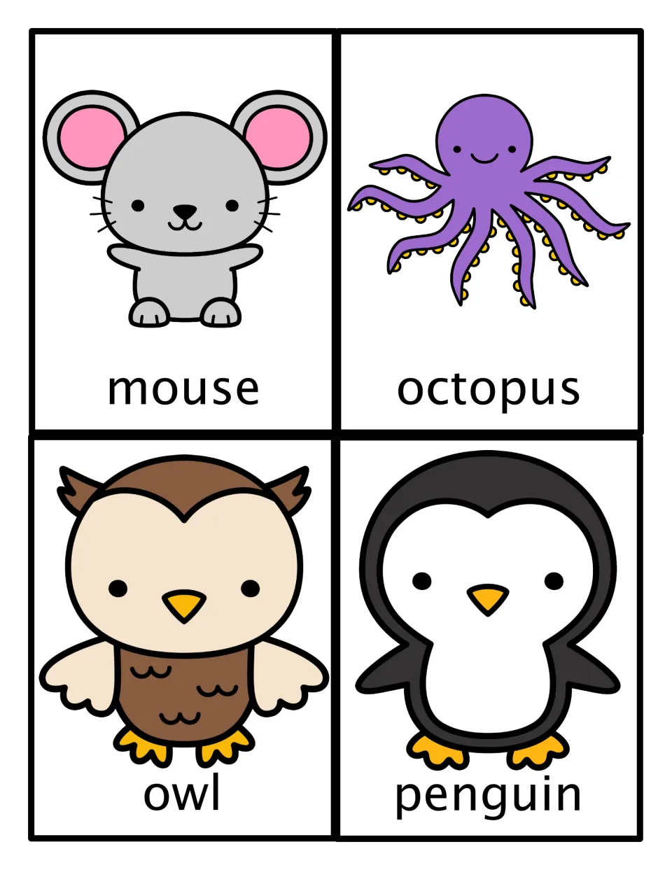 Animal movement picture cards: mouse, octopus, owl and penguin, each a cartoon drawing with its name to imitate