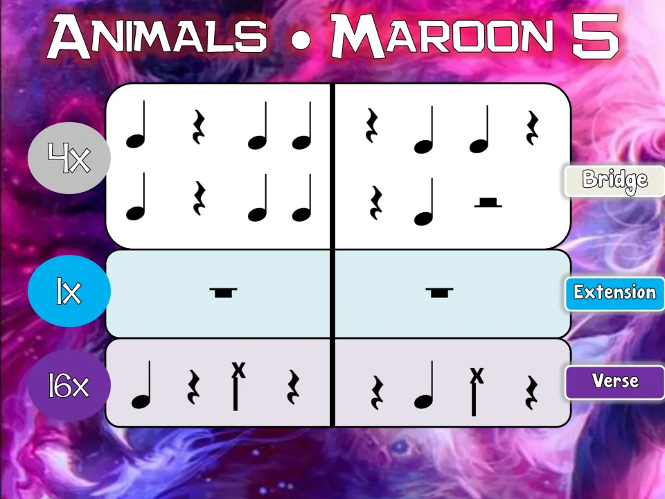 Final slide: Bridge rhythm 4x with quarter notes and rests, Extension rests 1x, then Verse 16x to end the song