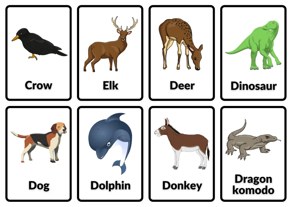 Animal names in English: cards picturing crow, elk, deer, dinosaur, dog, dolphin, donkey and Komodo dragon with labels