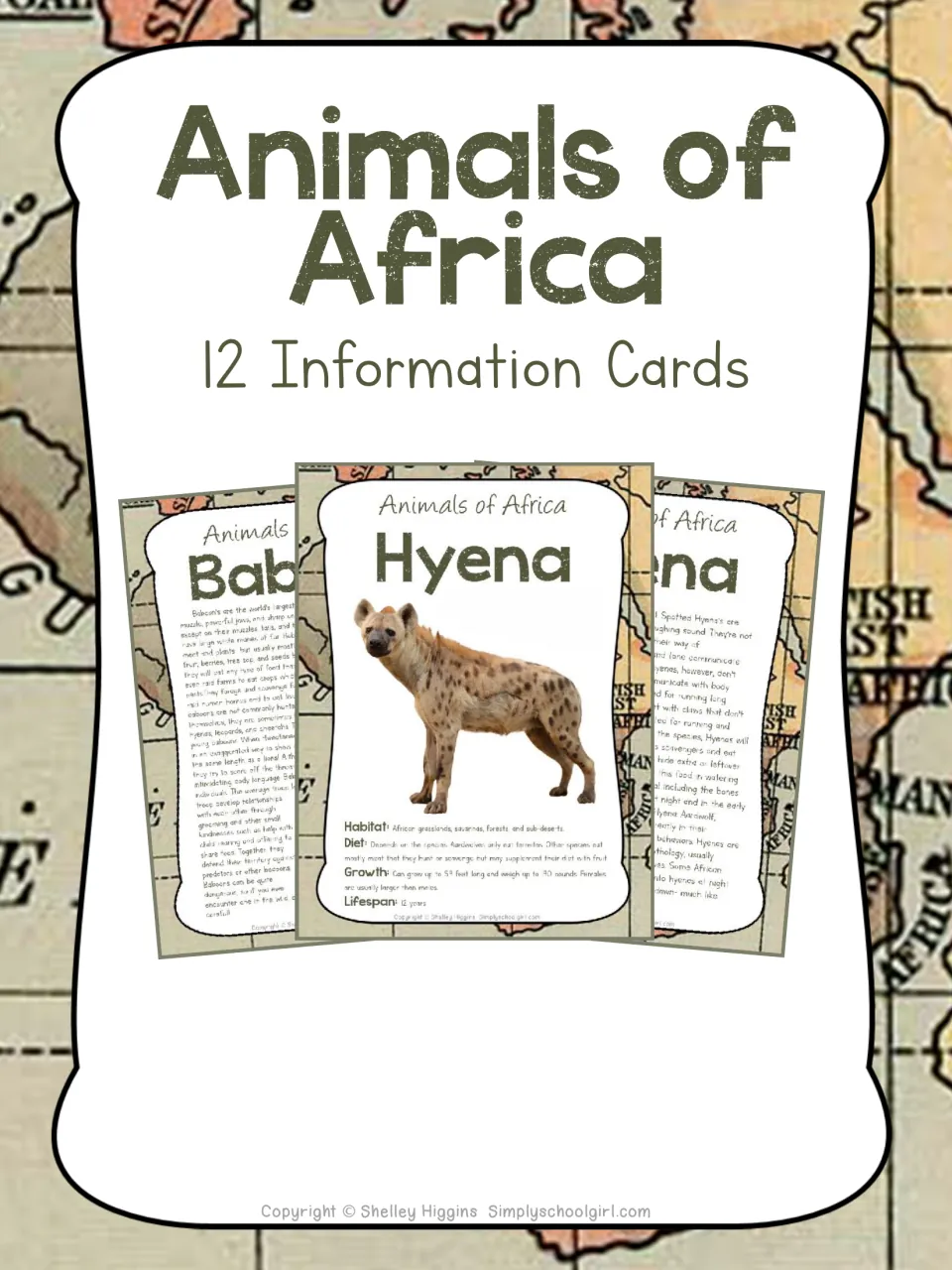 Animals of Africa cover identifying 12 information cards and showing sample hyena and baboon cards