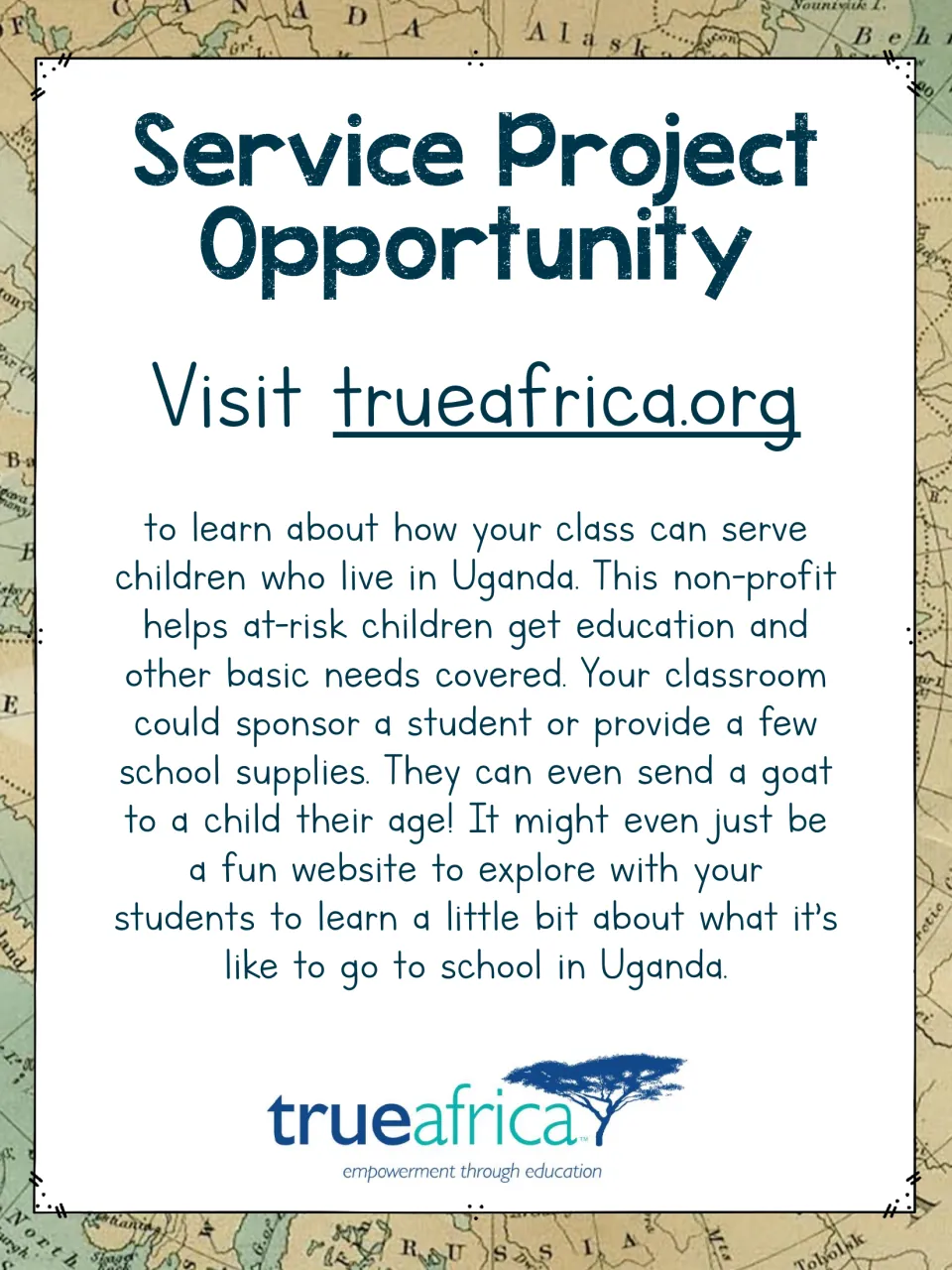Service project guide describes supporting children in Uganda through sponsorship and school supplies