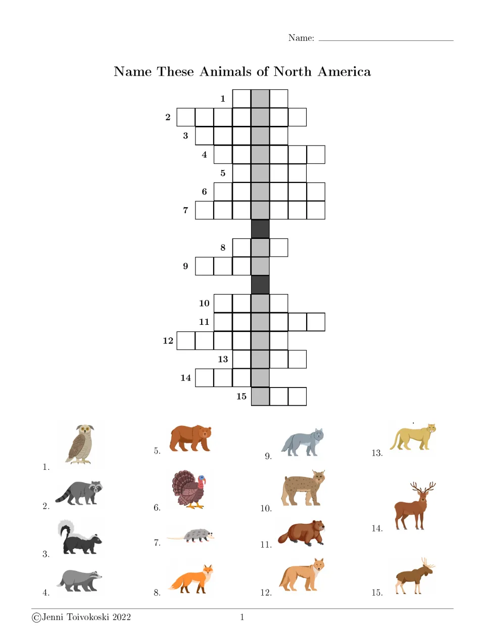 North American animal crossword: 15 picture clues including owl, raccoon, skunk, badger, bear and turkey