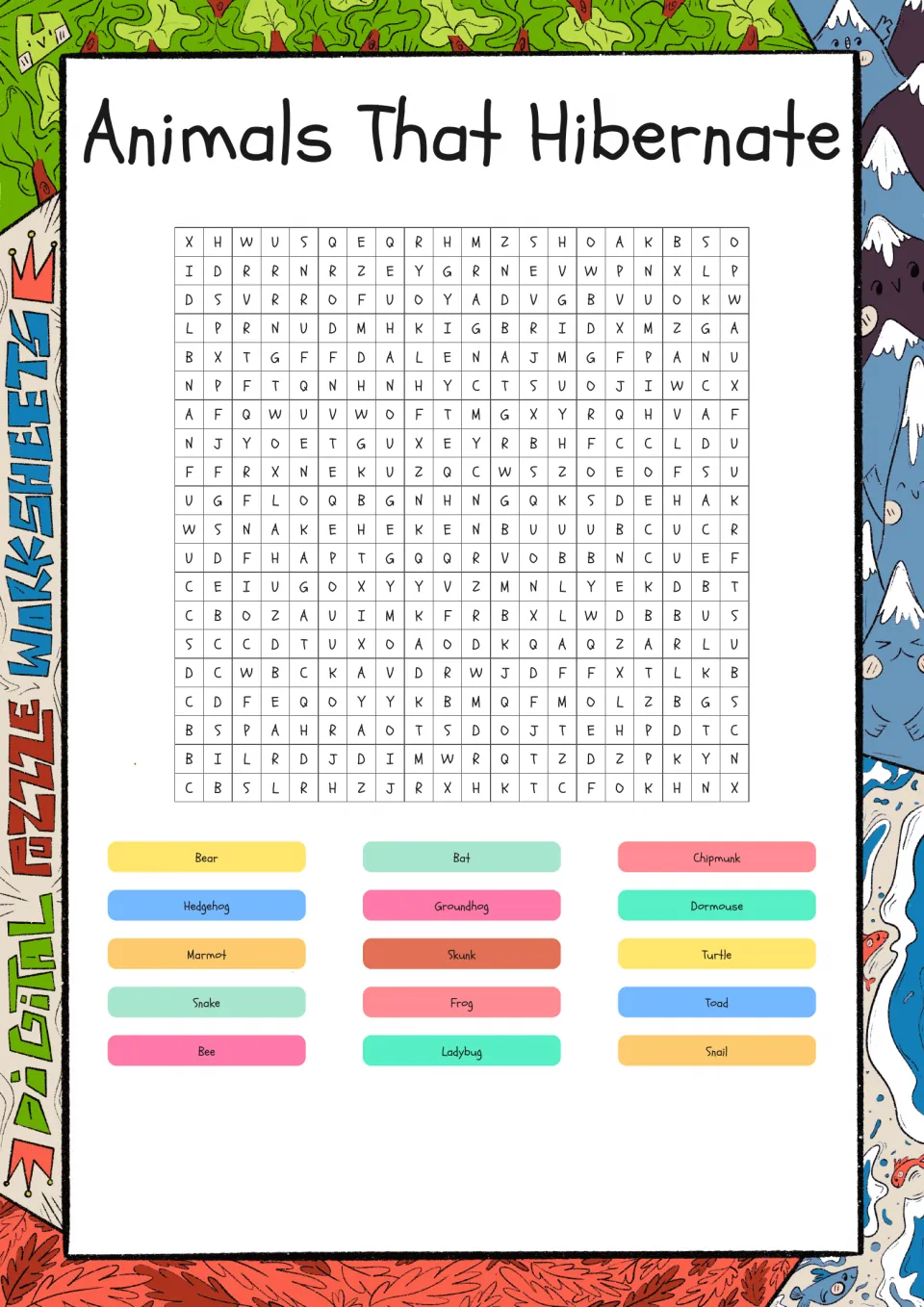 Hibernating animals word search: students find 15 words such as bear, bat, chipmunk, dormouse, frog and snail