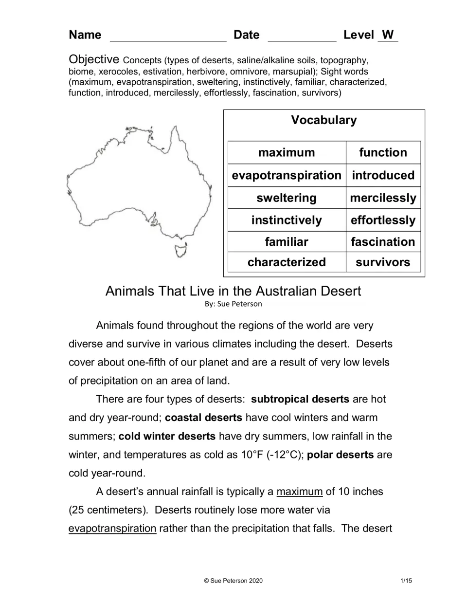 Desert types reading: objective, 12-word vocabulary list, and intro to subtropical, coastal, cold winter and polar deserts