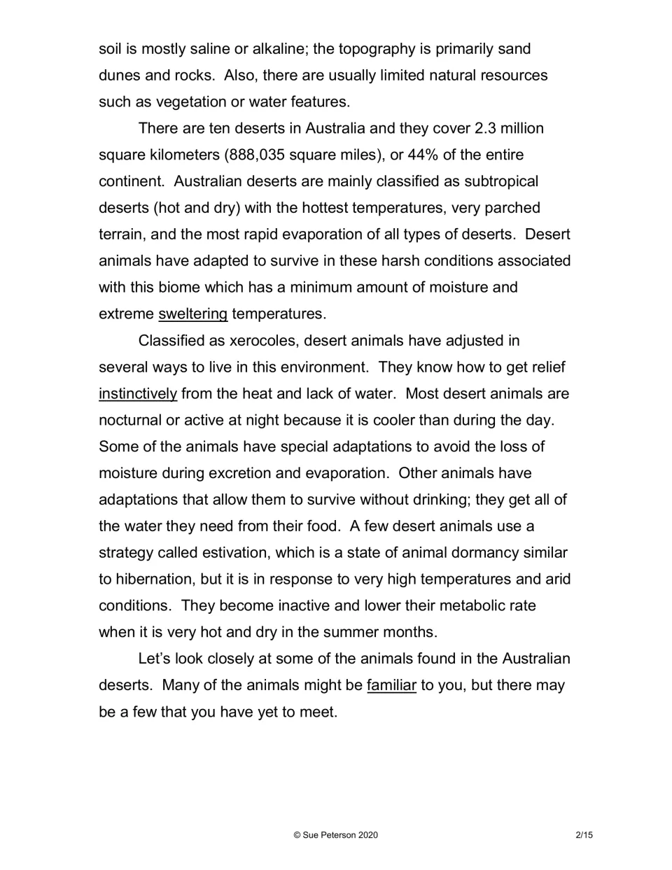 Reading passage on Australia's ten deserts and how xerocoles adapt through nocturnal habits, water from food and estivation